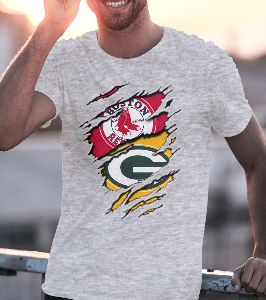 Boston Red Sox And Green Bay Packers Logo Torn T-Shirt