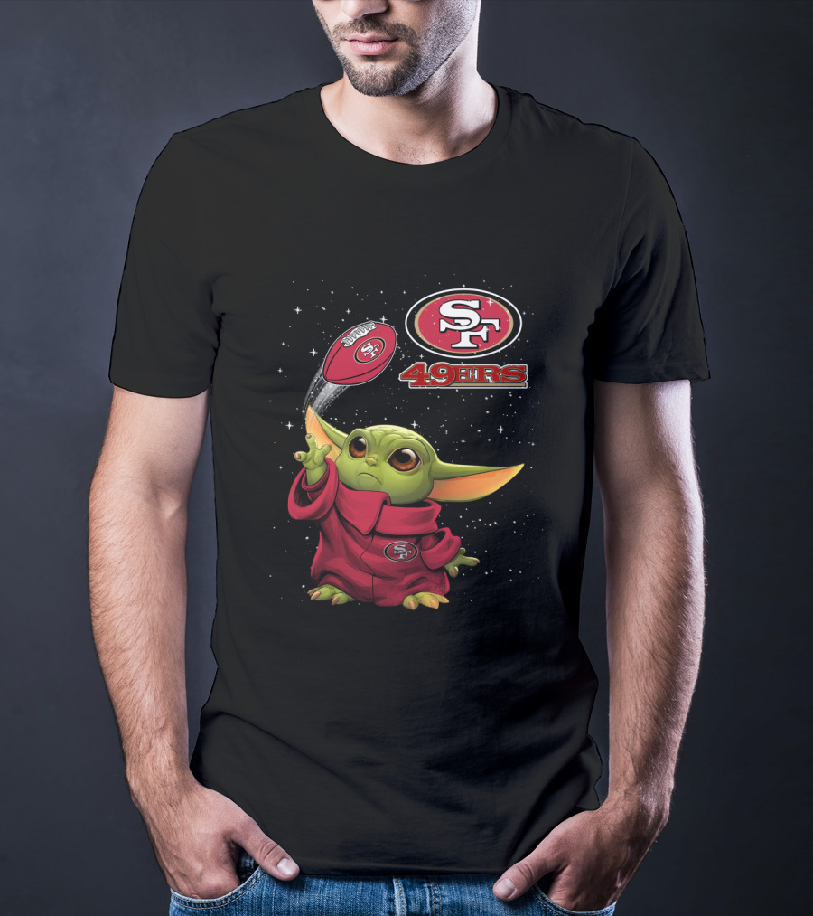 Baby Yoda Throwing San Francisco 49ers Football With SF Logo And Stars T-Shirt
