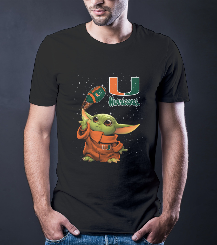 Baby Yoda Miami Hurricanes U Logo Football Starry Background T-Shirt
