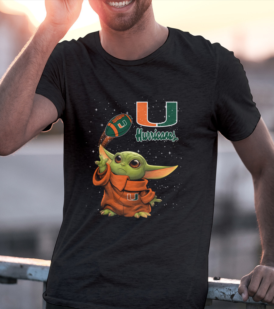 Baby Yoda Miami Hurricanes U Logo Football Starry Background T-Shirt