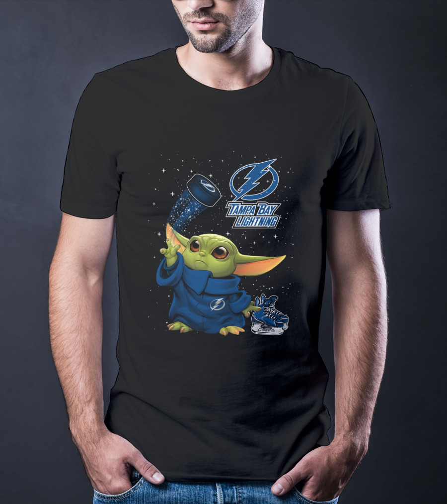 Baby Yoda Tampa Bay Lightning Hockey Fan Art Grogu Jedi Force Skating Puck T-Shirt