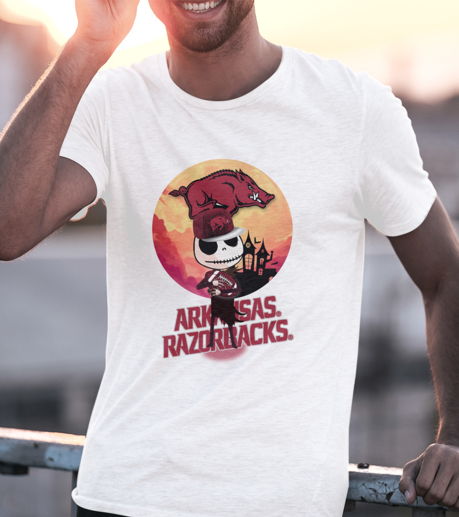 Arkansas Razorbacks Halloween Skull Character With Cap And Football T-Shirt
