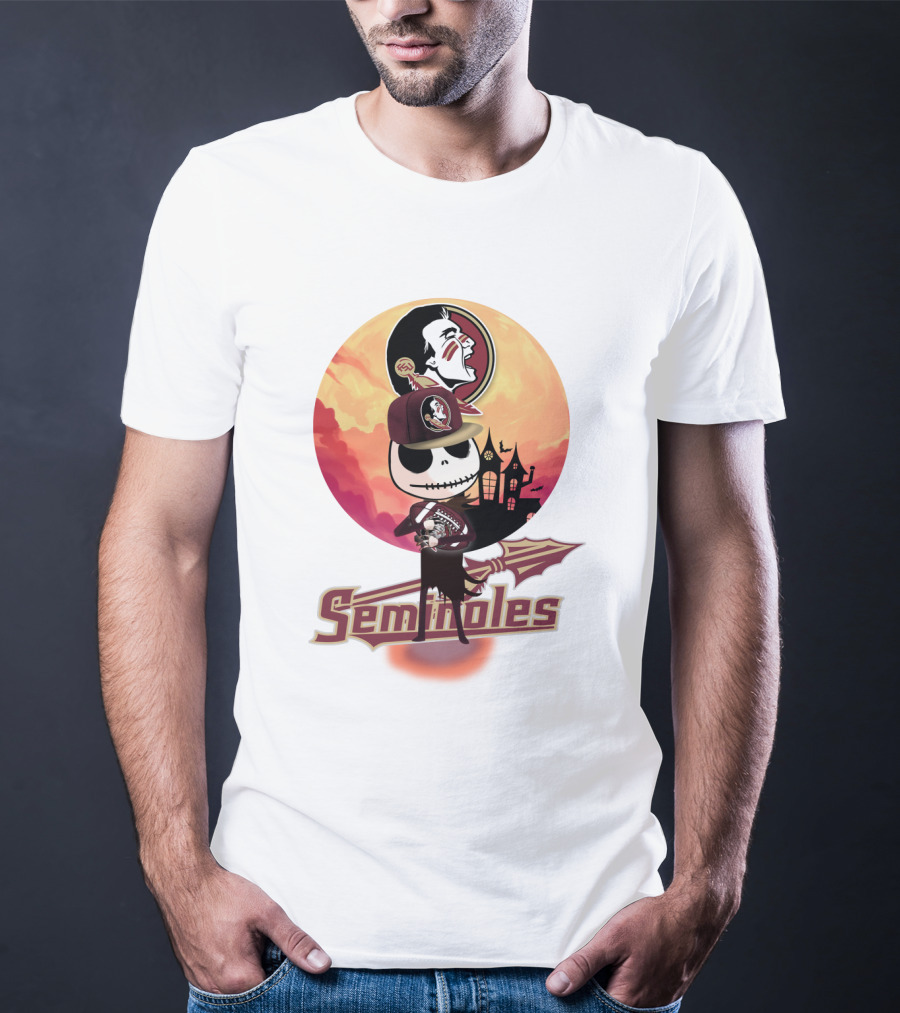 Seminoles Skeleton Character With Florida State Logo And Haunted House Scene T-Shirt