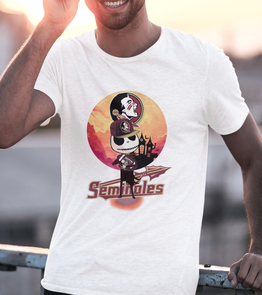 Seminoles Skeleton Character With Florida State Logo And Haunted House Scene T-Shirt