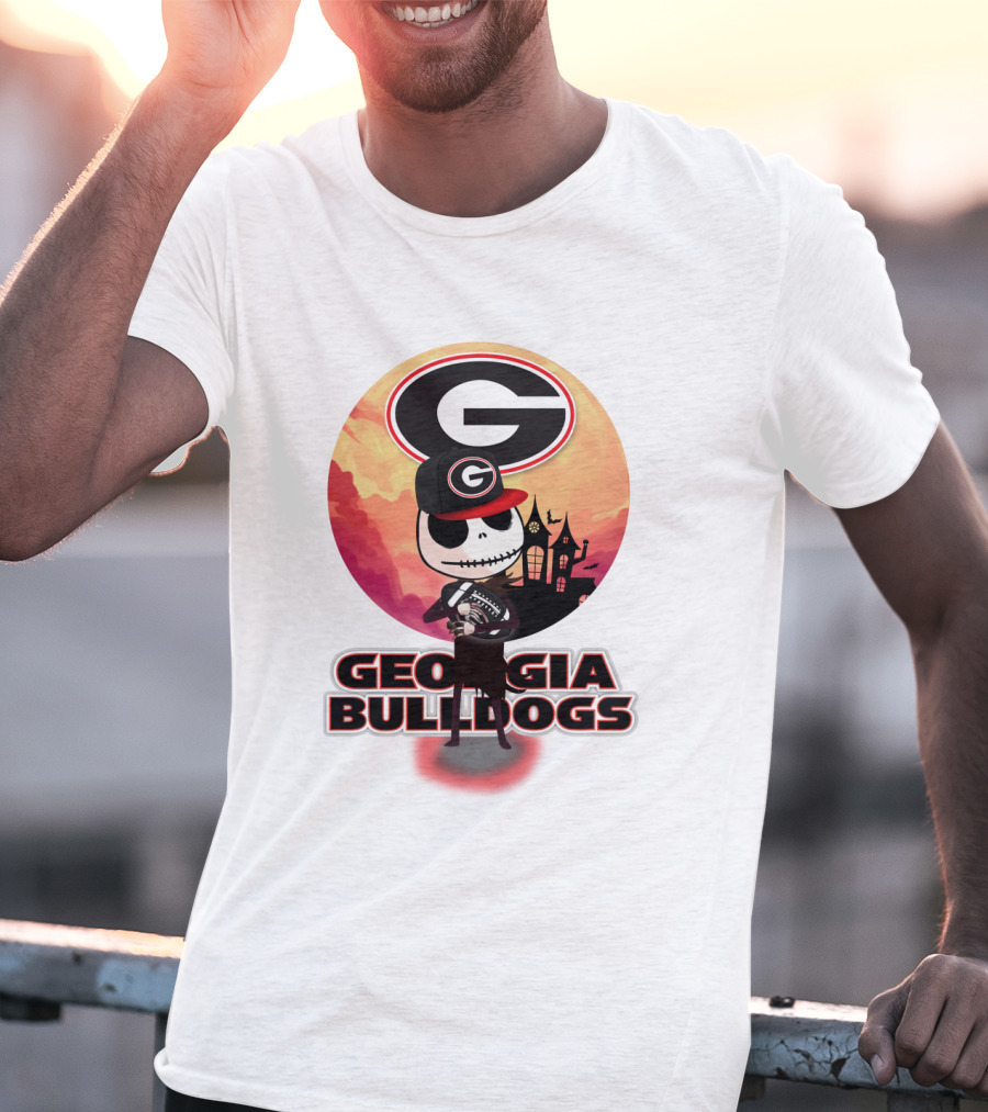 Georgia Bulldogs Skull And Football Scene With Gothic Castle T-Shirt
