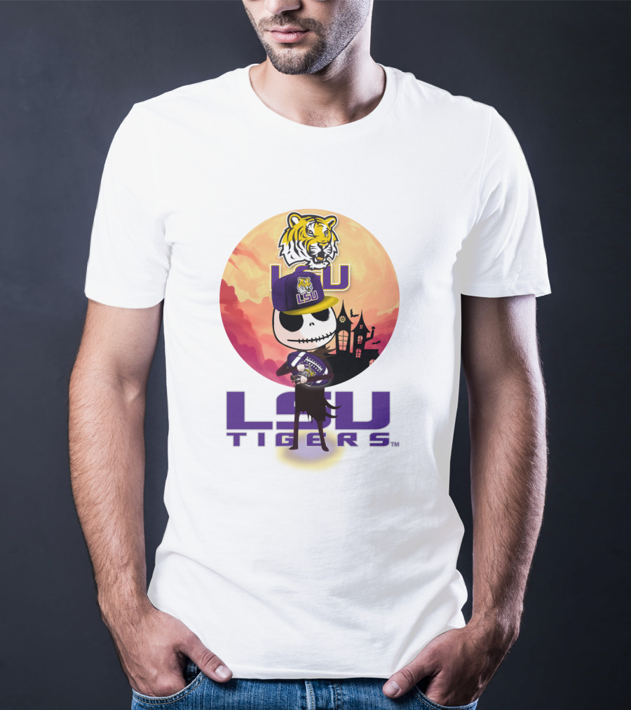Lsu Tigers Halloween Skeleton In Hat With Tiger And Haunted House T-Shirt