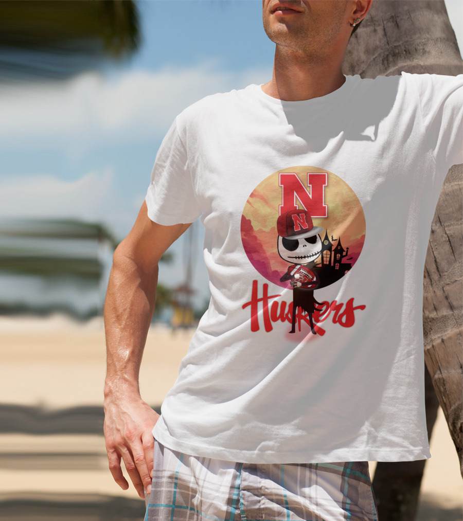 Nebraska Huskers Skeleton Character Halloween Football Scene T-Shirt