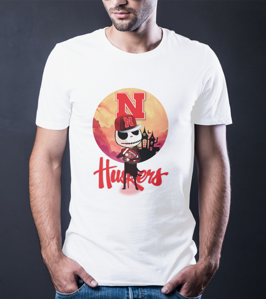 Nebraska Huskers Skeleton Character Halloween Football Scene T-Shirt