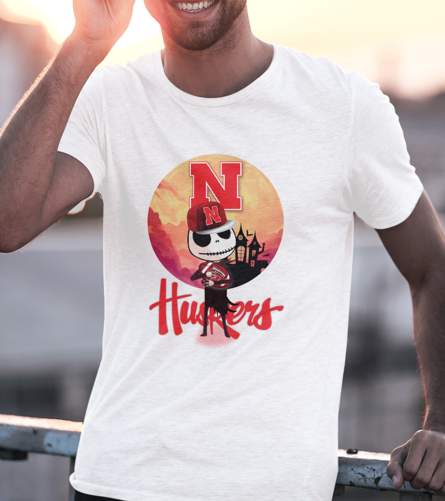 Nebraska Huskers Skeleton Character Halloween Football Scene T-Shirt
