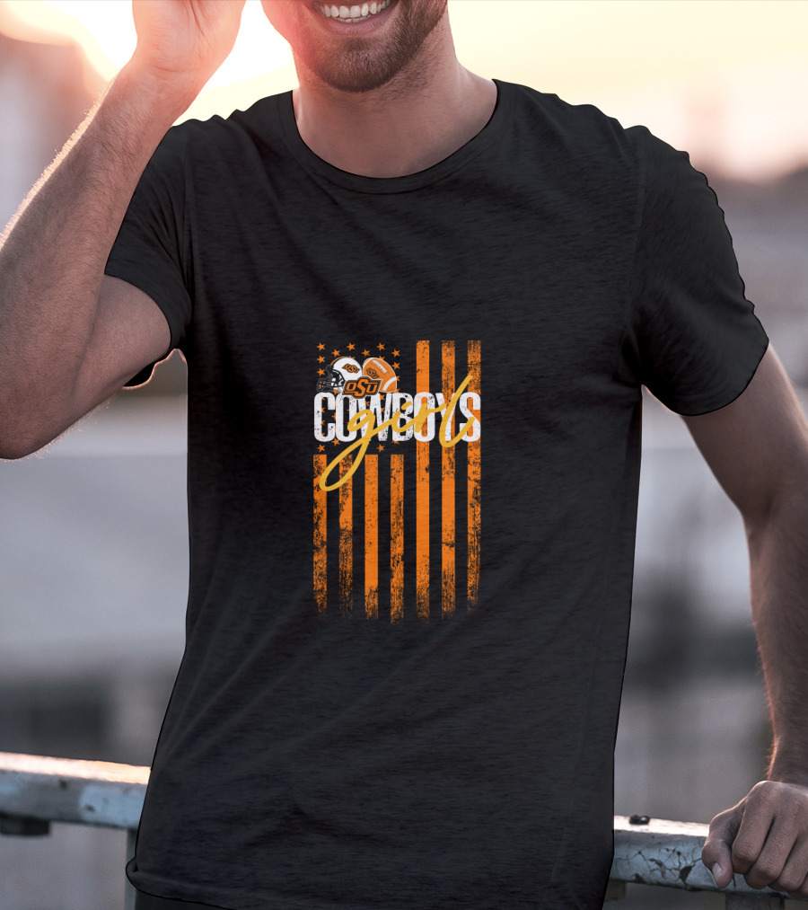 Osu Cowboys Football Helmet Usa Flag Stripes T-Shirt