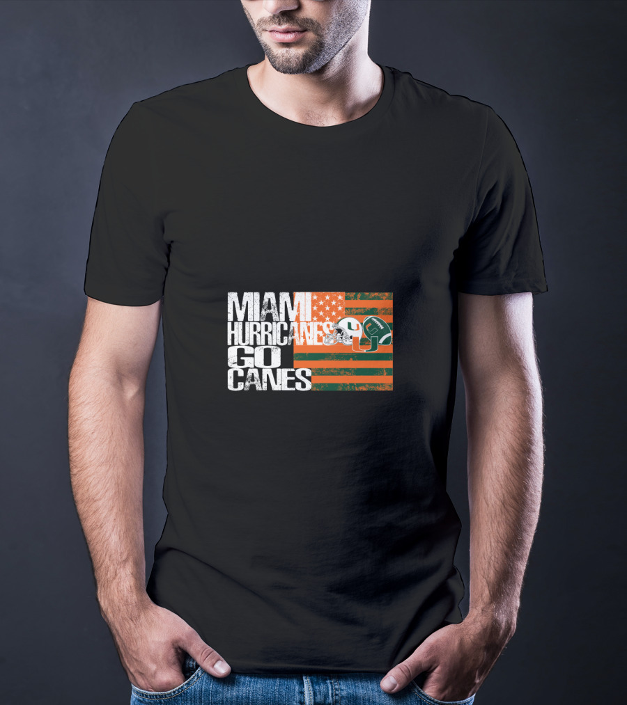 Miami Hurricanes Go Canes American Flag Football Helmets T-Shirt