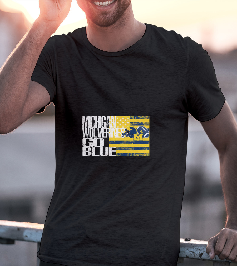 Michigan Wolverines Go Blue Football Helmet And Flag T-Shirt