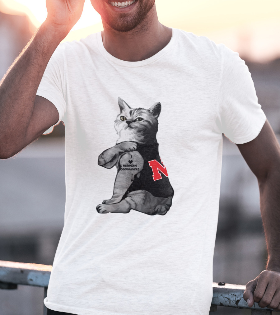 Nebraska Cornhuskers Cat Wearing Black Jersey With Red N T-Shirt