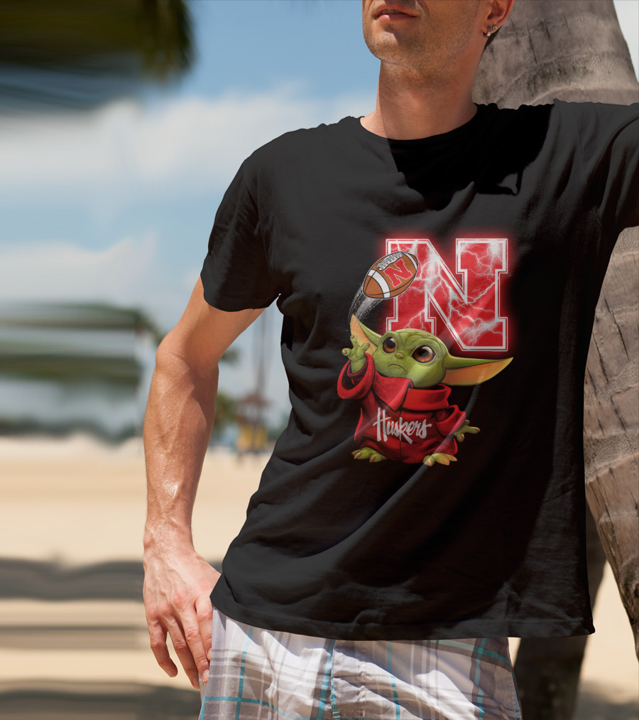 Huskers Baby Yoda Football Nebraska N T-Shirt