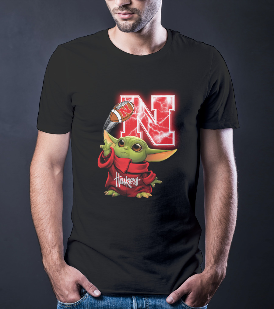 Huskers Baby Yoda Football Nebraska N T-Shirt