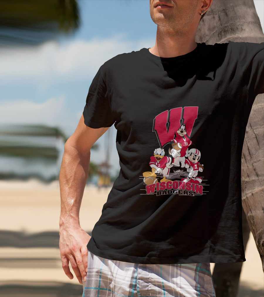 Wisconsin Badgers Donald Duck Goofy Mickey Mouse Football T-Shirt
