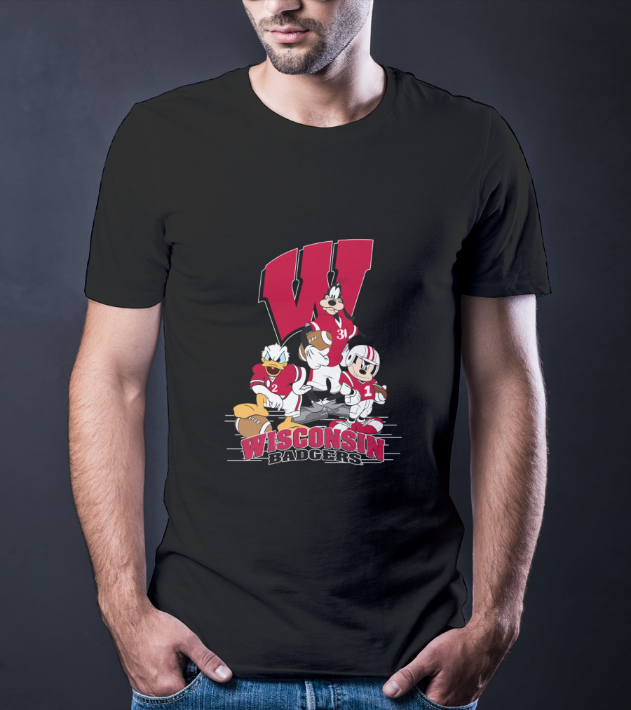 Wisconsin Badgers Donald Duck Goofy Mickey Mouse Football T-Shirt