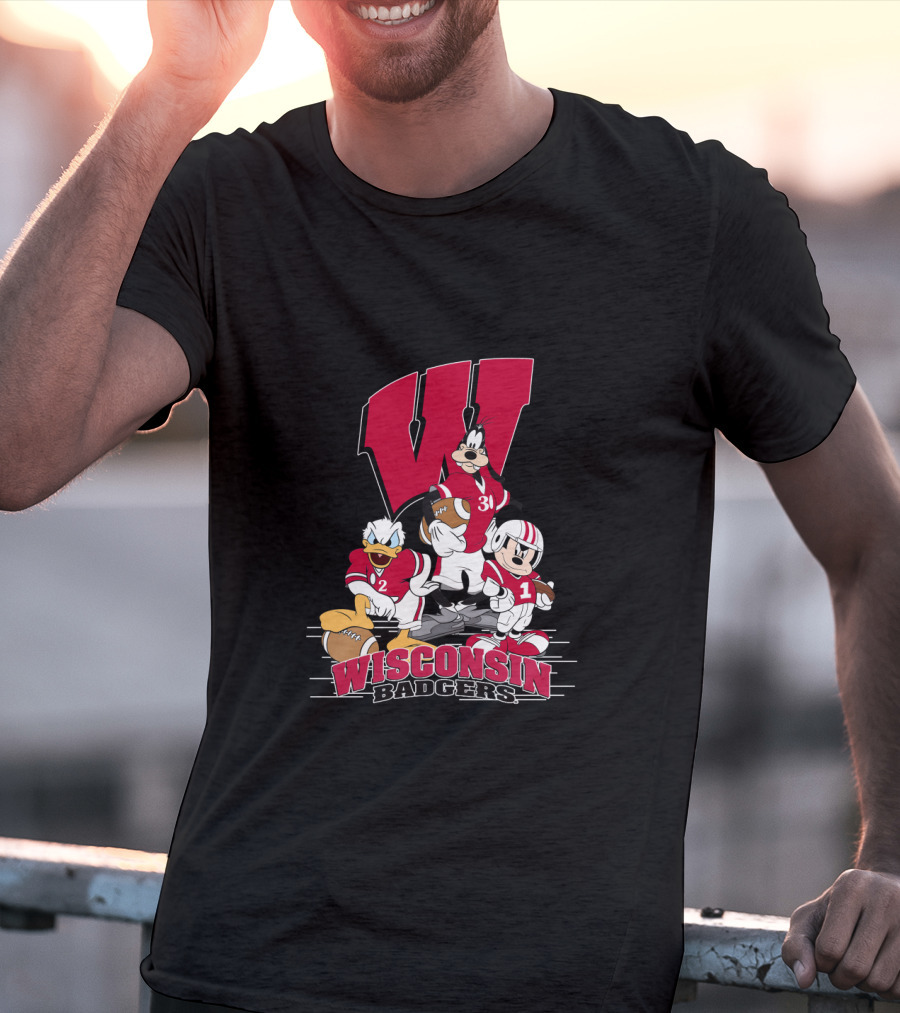 Wisconsin Badgers Donald Duck Goofy Mickey Mouse Football T-Shirt