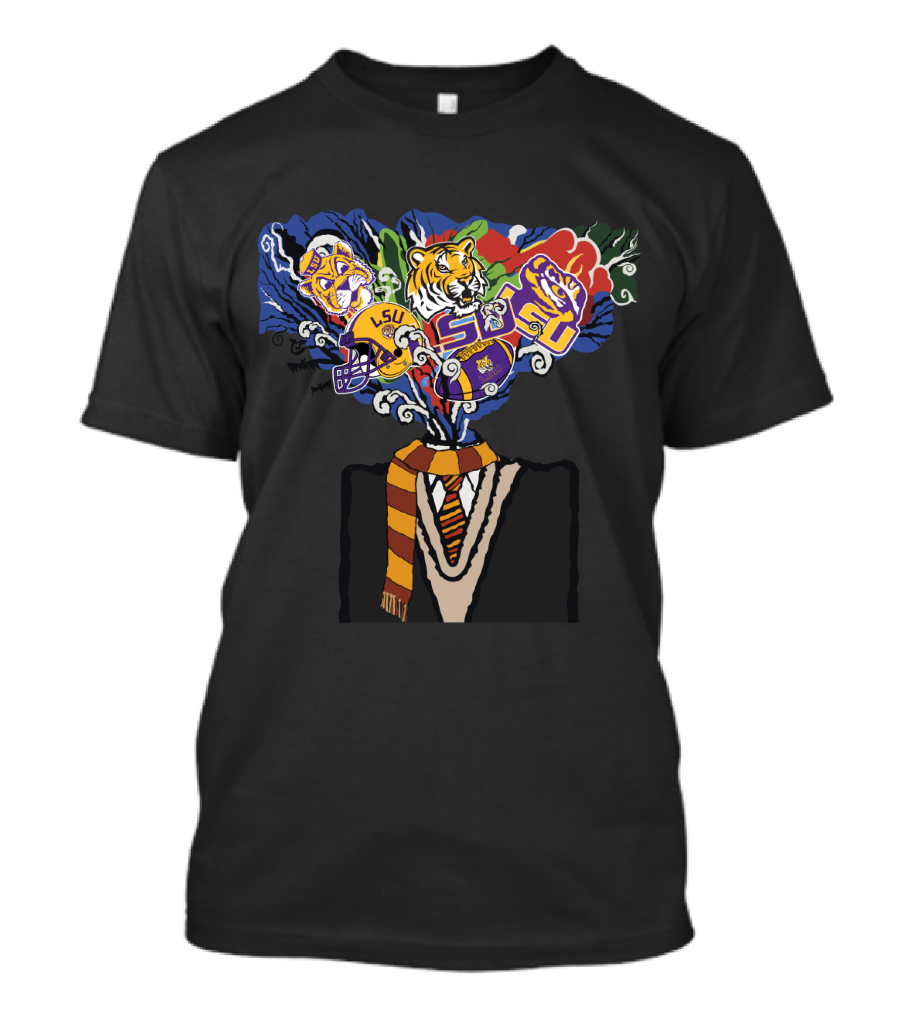 Lsu Tigers Football Helmet And Face Design With Striped Scarf T-Shirt