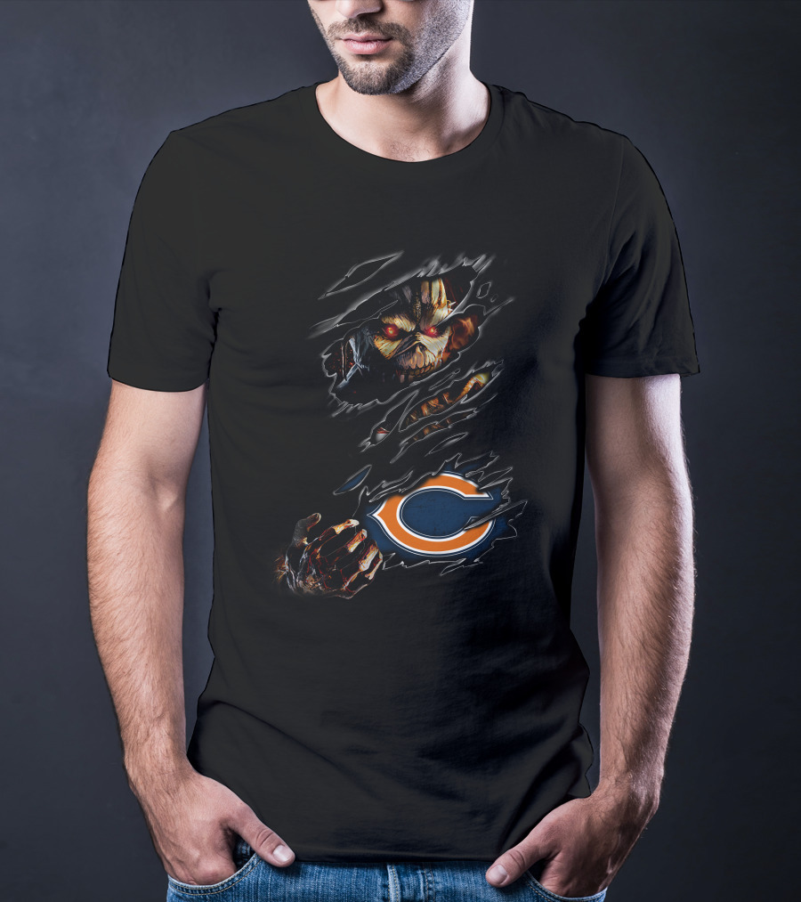 Chicago Bears Halloween Horror Claw Rips With Scary Monster Face T-Shirt