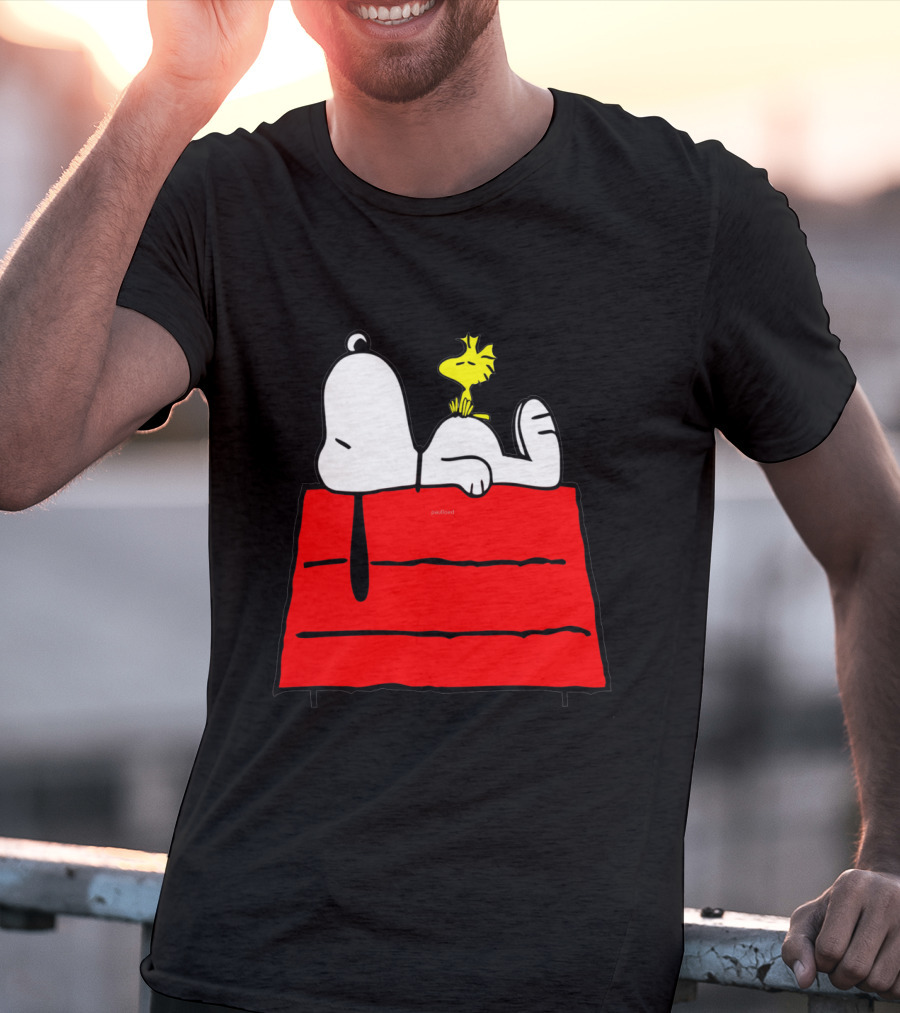 Snoopy Sleeping On Red Doghouse With Woodstock T-Shirt