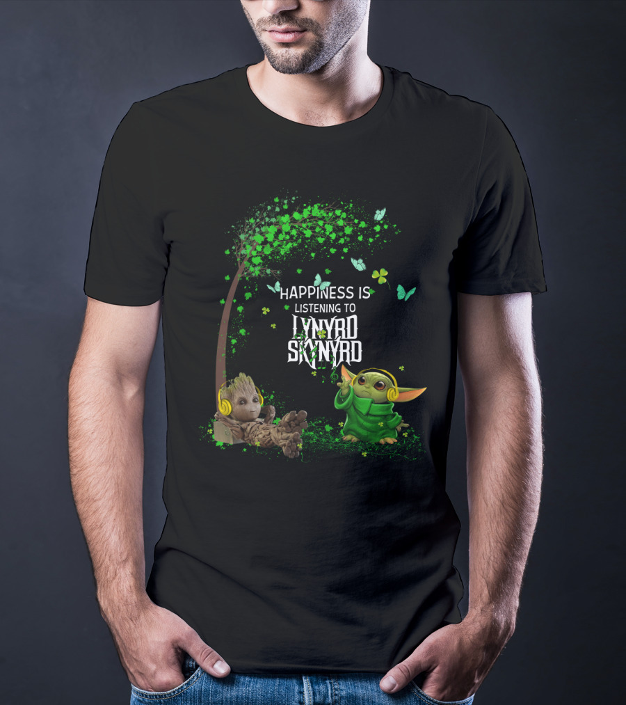 Happiness Is Listening To Lynyrd Skynyrd With Groot And Baby Yoda Under Tree With Butterflies T-Shirt