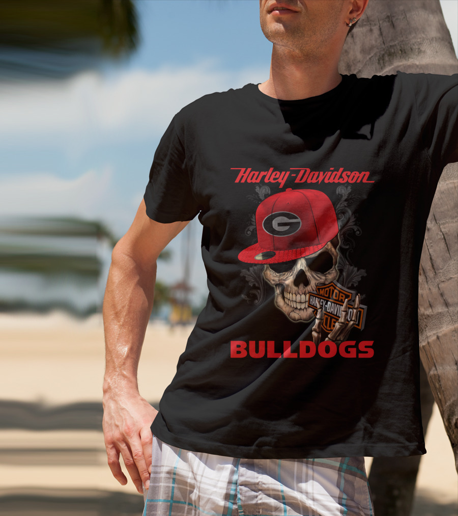Harley Davidson Skull Wearing Georgia Bulldogs Cap T-Shirt