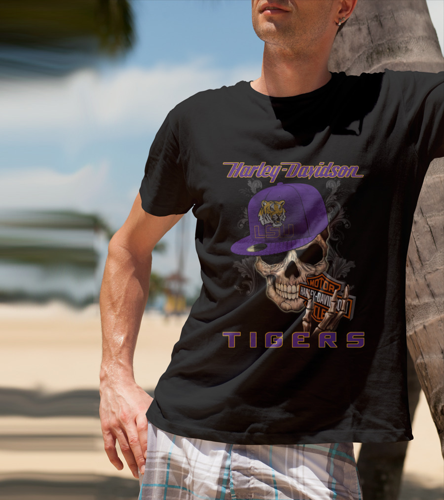 Harley Davidson Lsu Tigers Skull Hat T-Shirt
