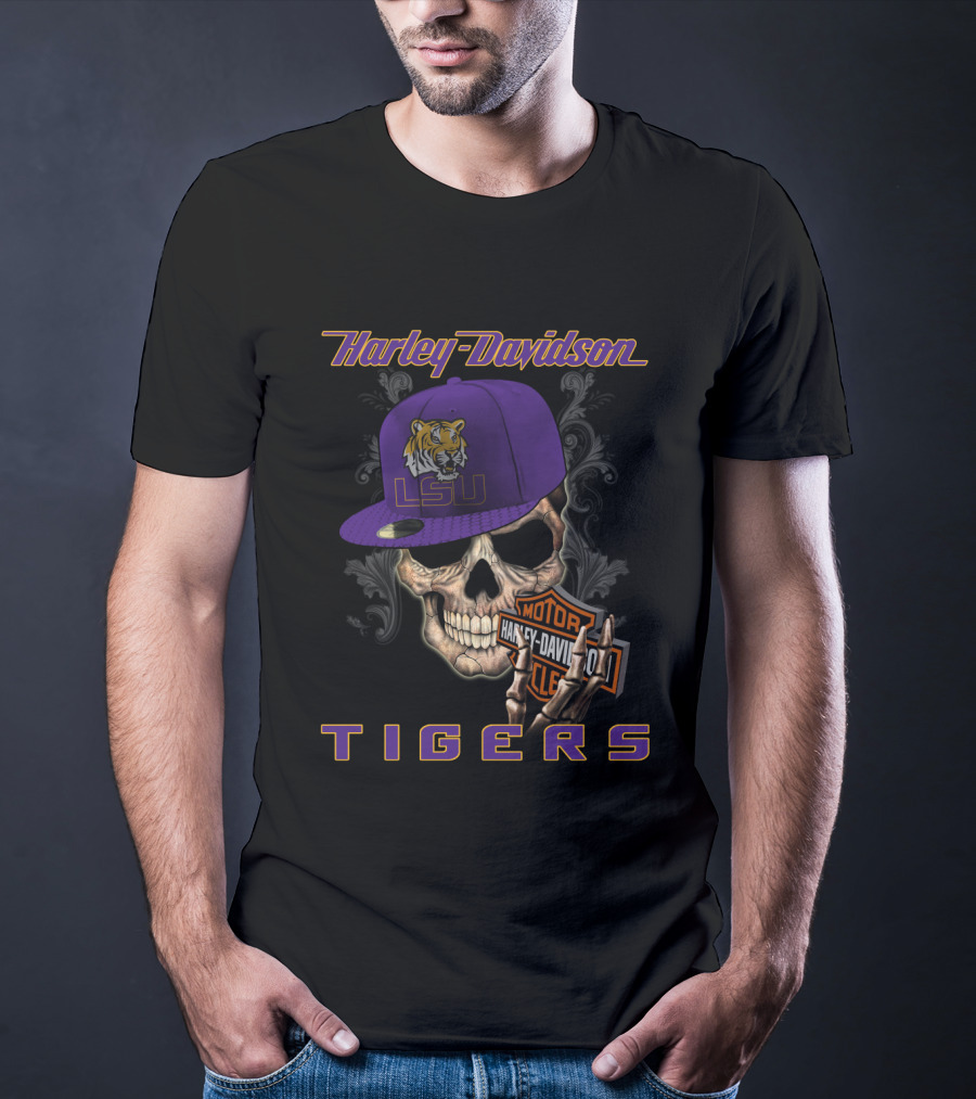 Harley Davidson Lsu Tigers Skull Hat T-Shirt