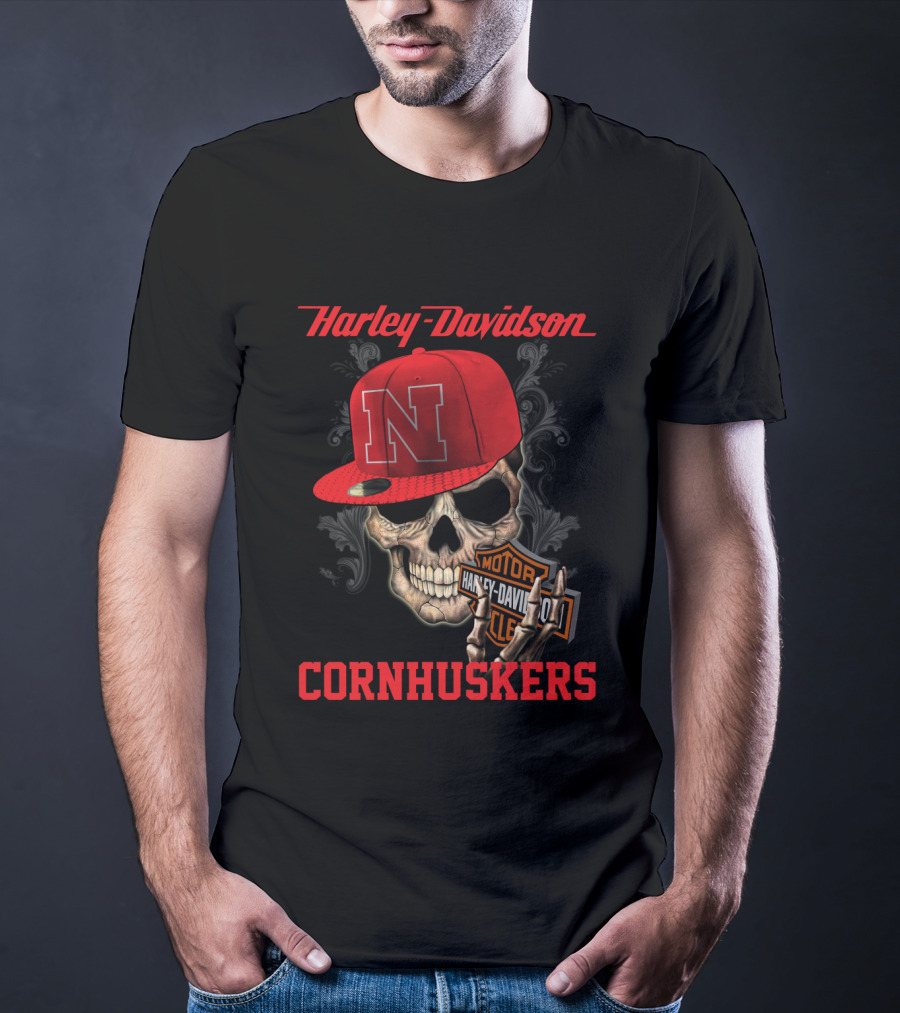 Harley Davidson Nebraska Cornhuskers Skull With Red N Cap T-Shirt