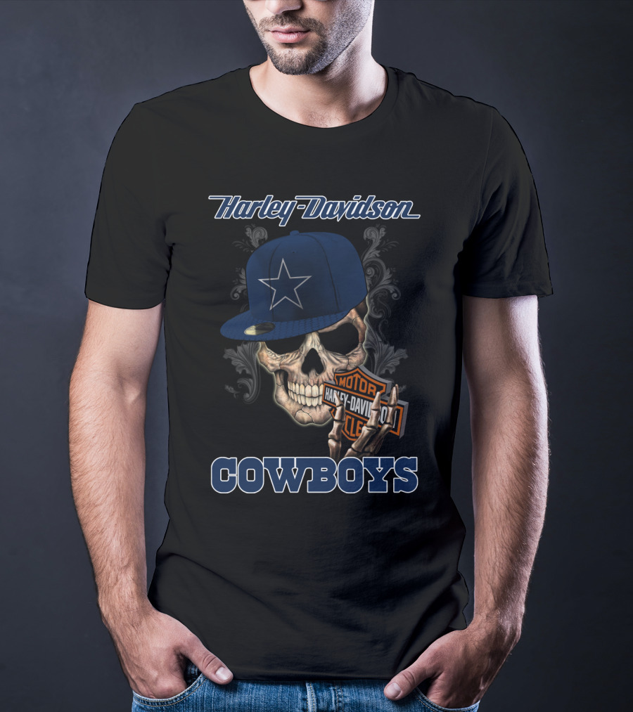 Harley Davidson Skull With Dallas Cowboys Hat And Logo Cowboys T-Shirt