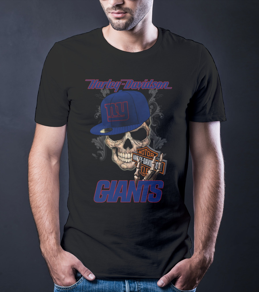 Harley Davidson Giants Skull With New York Giants Cap T-Shirt