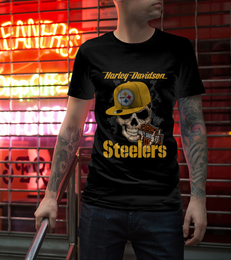Harley Davidson Pittsburgh Steelers Skull Hat T-Shirt