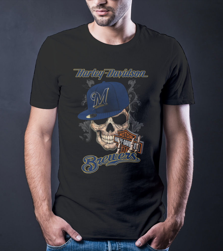 Harley Davidson Milwaukee Brewers Skull With Hat T-Shirt