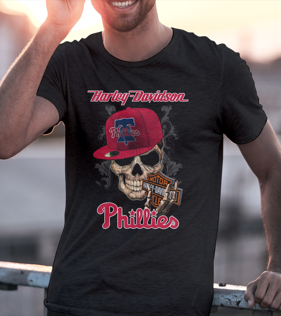 Harley Davidson Skull With Philadelphia Phillies Cap T-Shirt