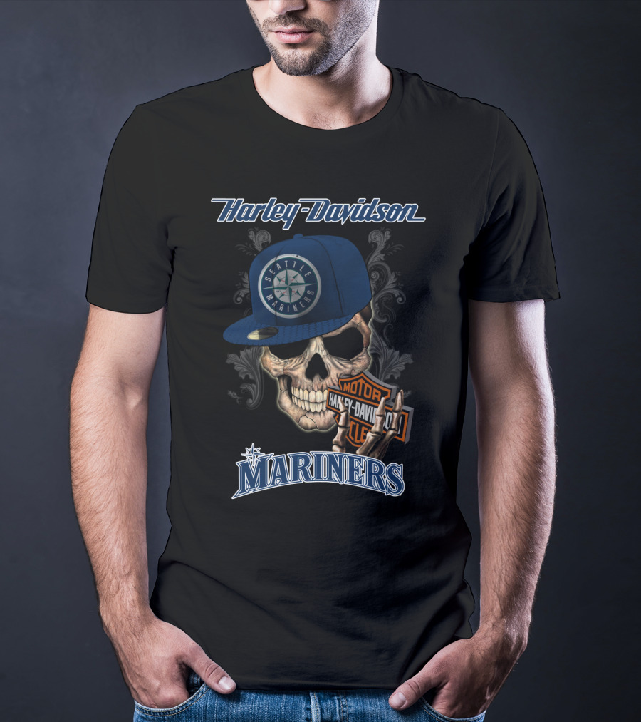 Harley Davidson Skull With Seattle Mariners Cap T-Shirt