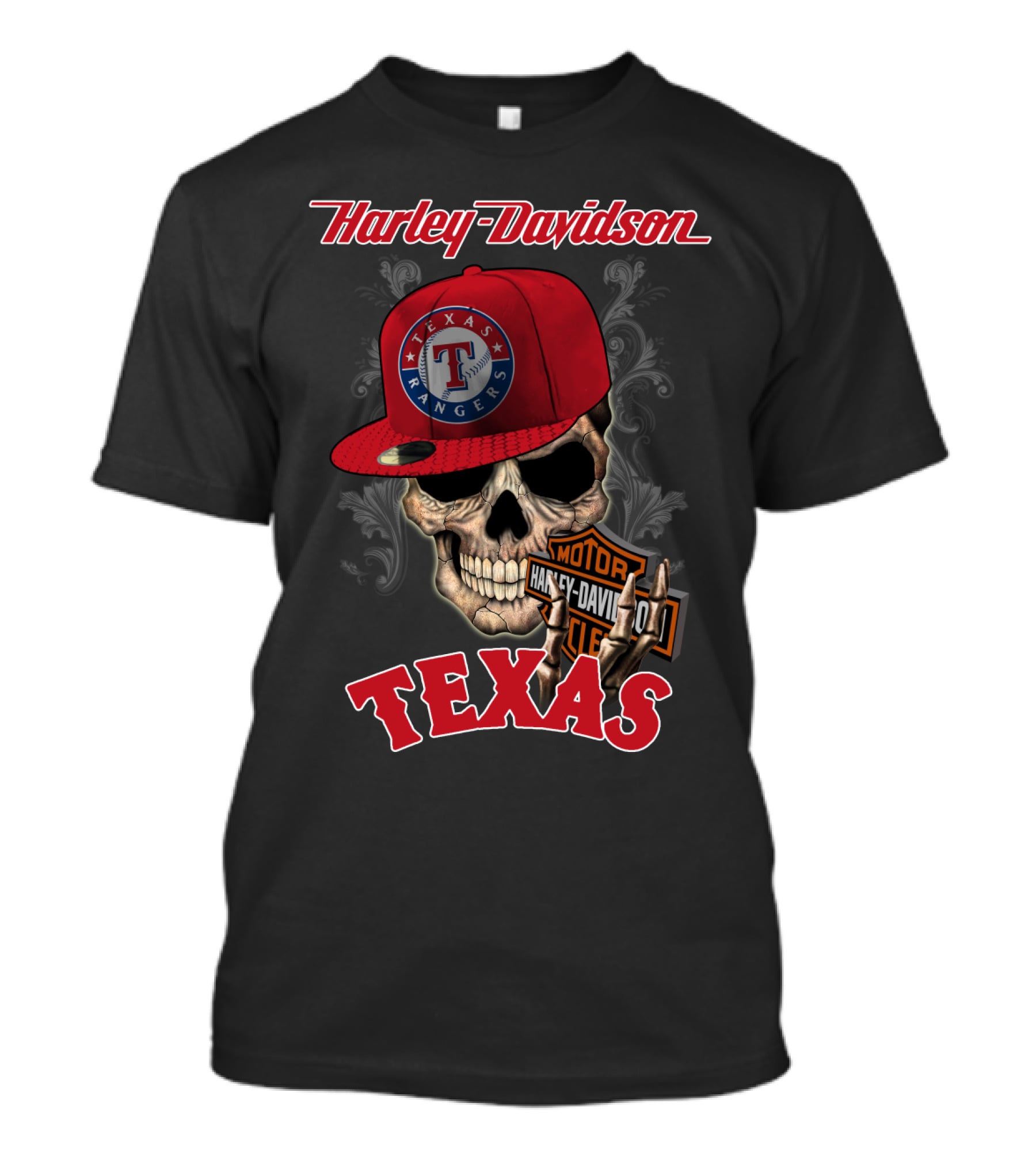 Harley Davidson Texas Skull With Texas Rangers Cap T-Shirt