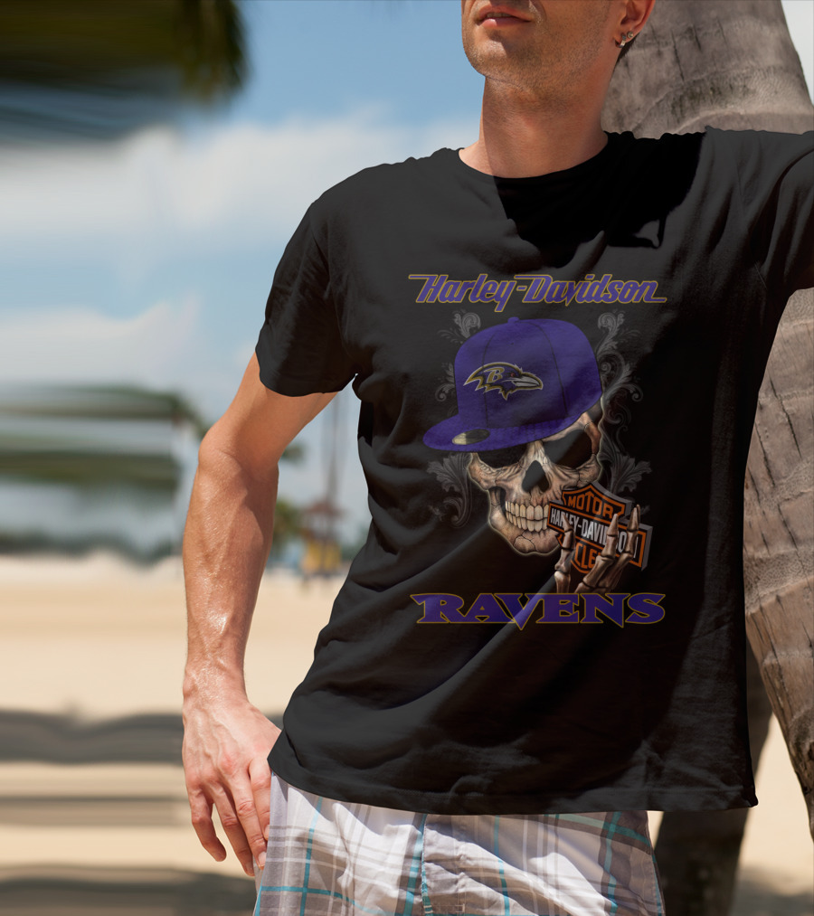 Harley Davidson Motor Skull Baltimore Ravens Hat T-Shirt