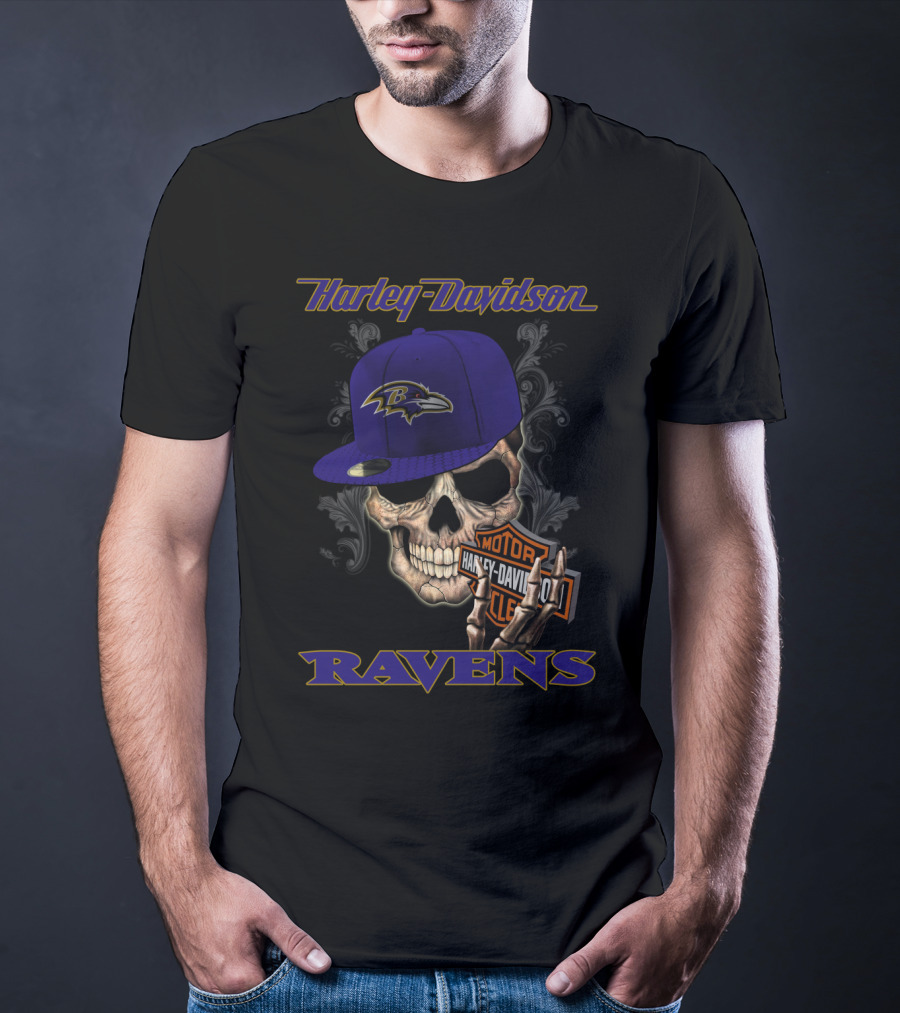 Harley Davidson Motor Skull Baltimore Ravens Hat T-Shirt