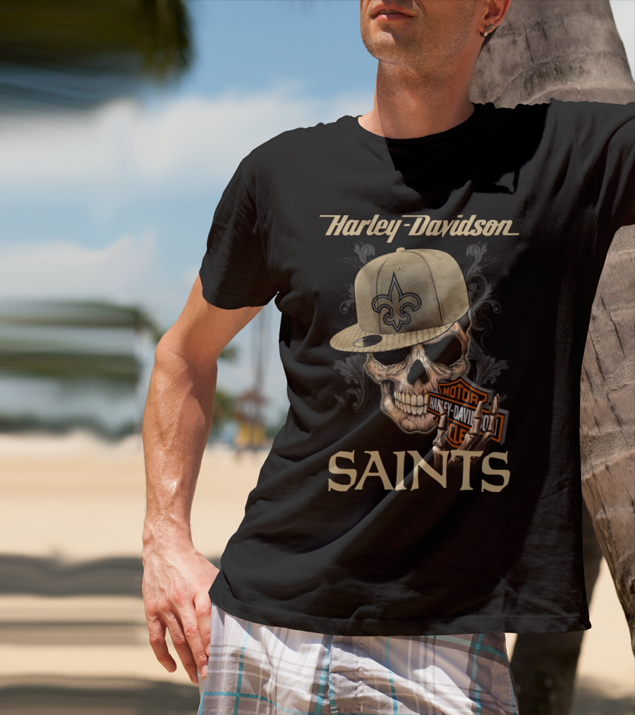 Harley Davidson Saints Skull New Orleans Fleur-De-Lis Moto T-Shirt