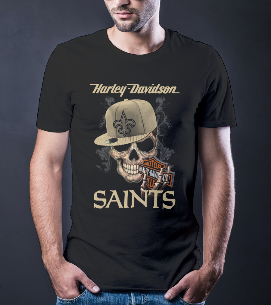 Harley Davidson Saints Skull New Orleans Fleur-De-Lis Moto T-Shirt