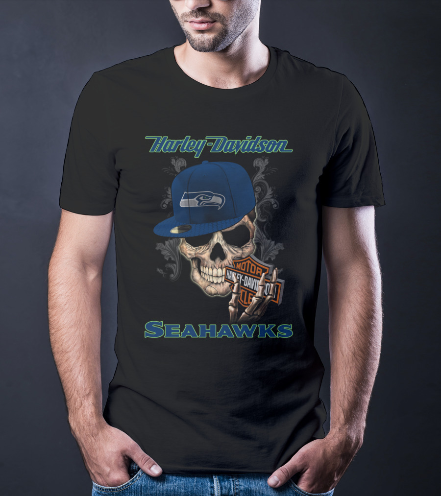 Harley Davidson Seattle Seahawks Skull With Seahawks Cap T-Shirt