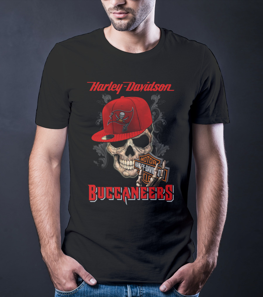 Harley Davidson Buccaneers Skull With Motorcycle Logo Tampa Bay Buccaneers T-Shirt