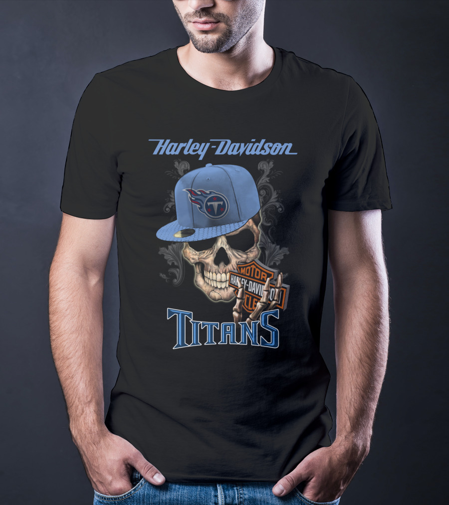 Harley Davidson Skull With Tennessee Titans Cap T-Shirt