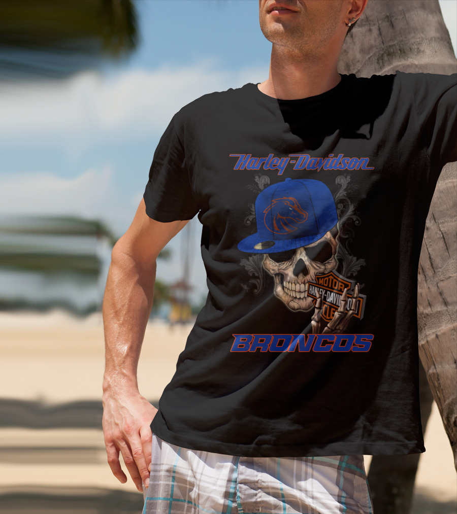 Harley Davidson Skull With Boise State Broncos Cap T-Shirt