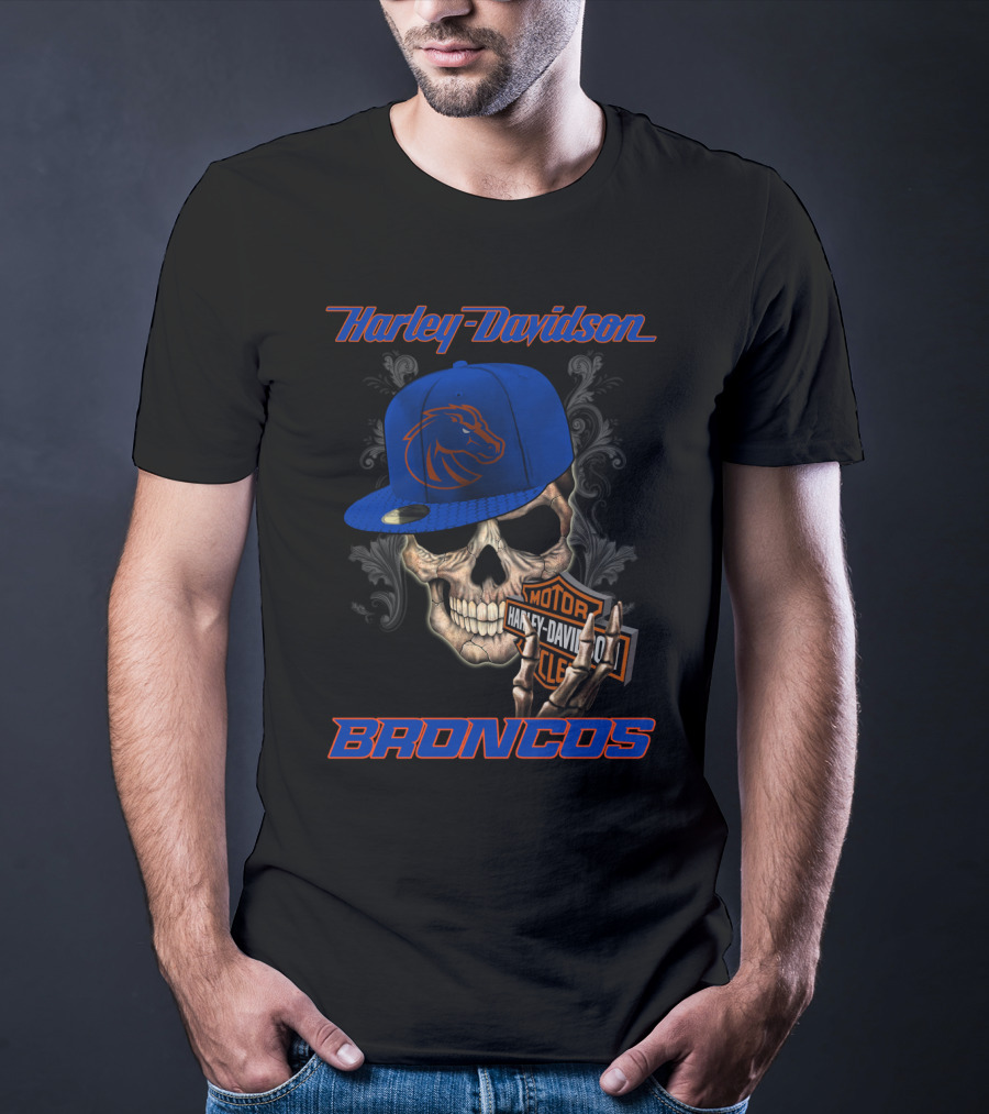 Harley Davidson Skull With Boise State Broncos Cap T-Shirt