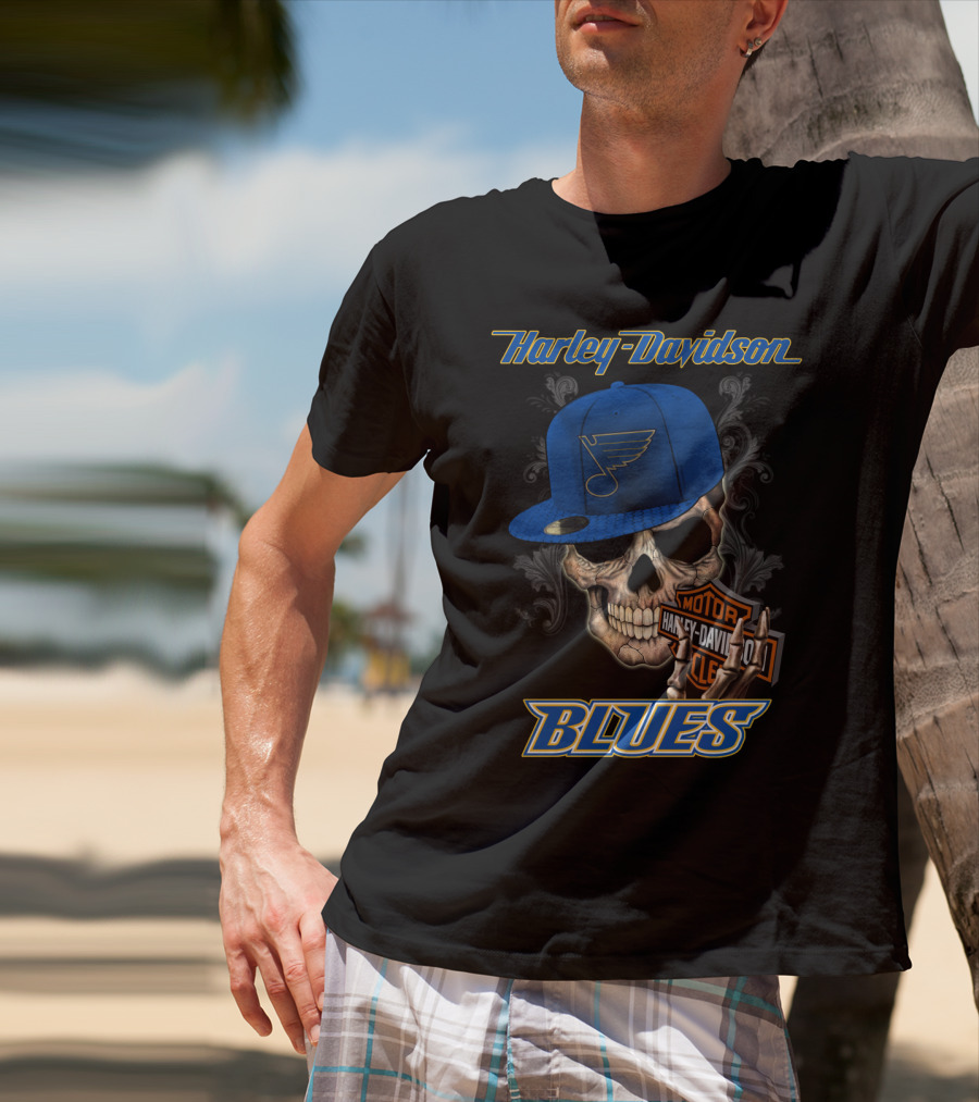 Harley Davidson St Louis Blues Skull Hat Nhl T-Shirt