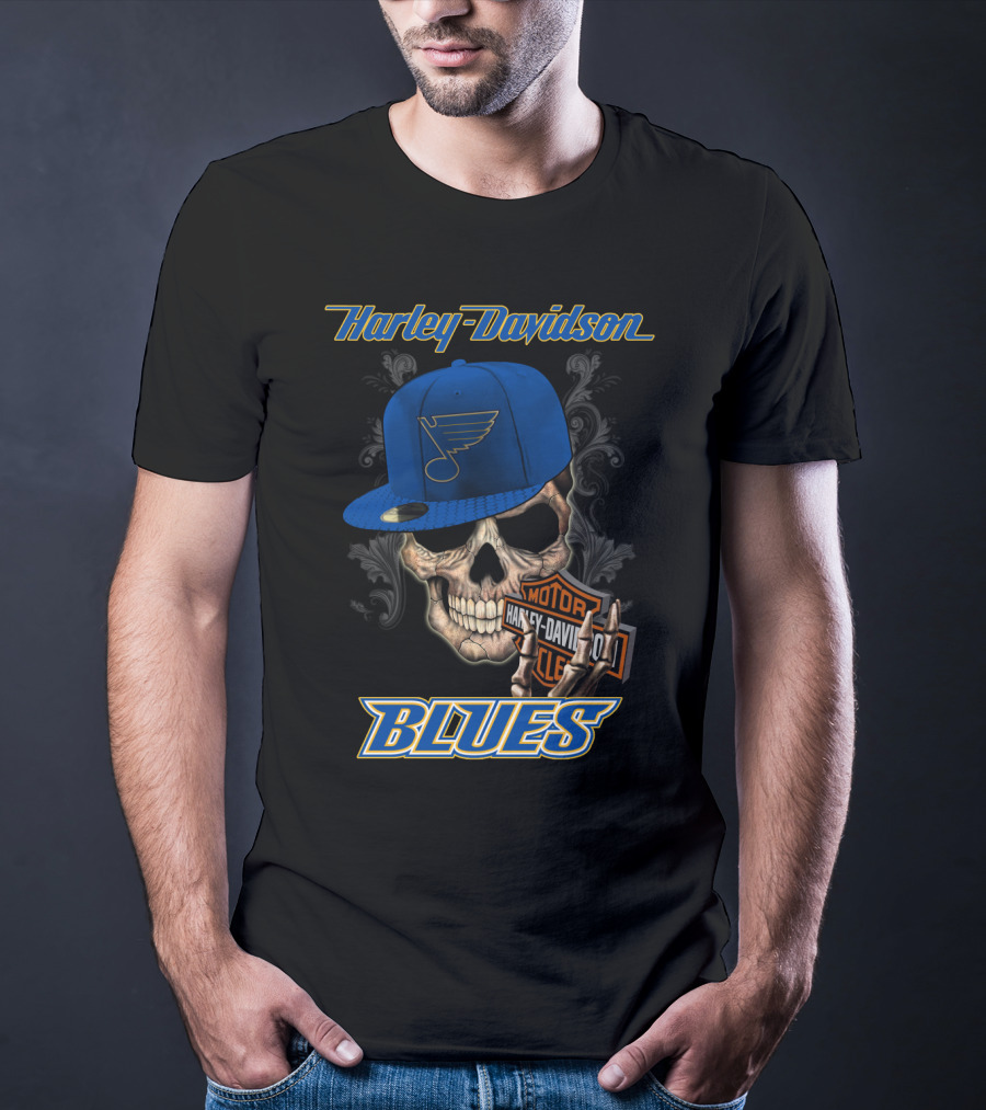 Harley Davidson St Louis Blues Skull Hat Nhl T-Shirt
