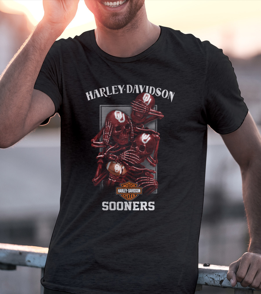 Harley Davidson Ncaa Oklahoma Sooners Motorcycles Football Skulls T-Shirt