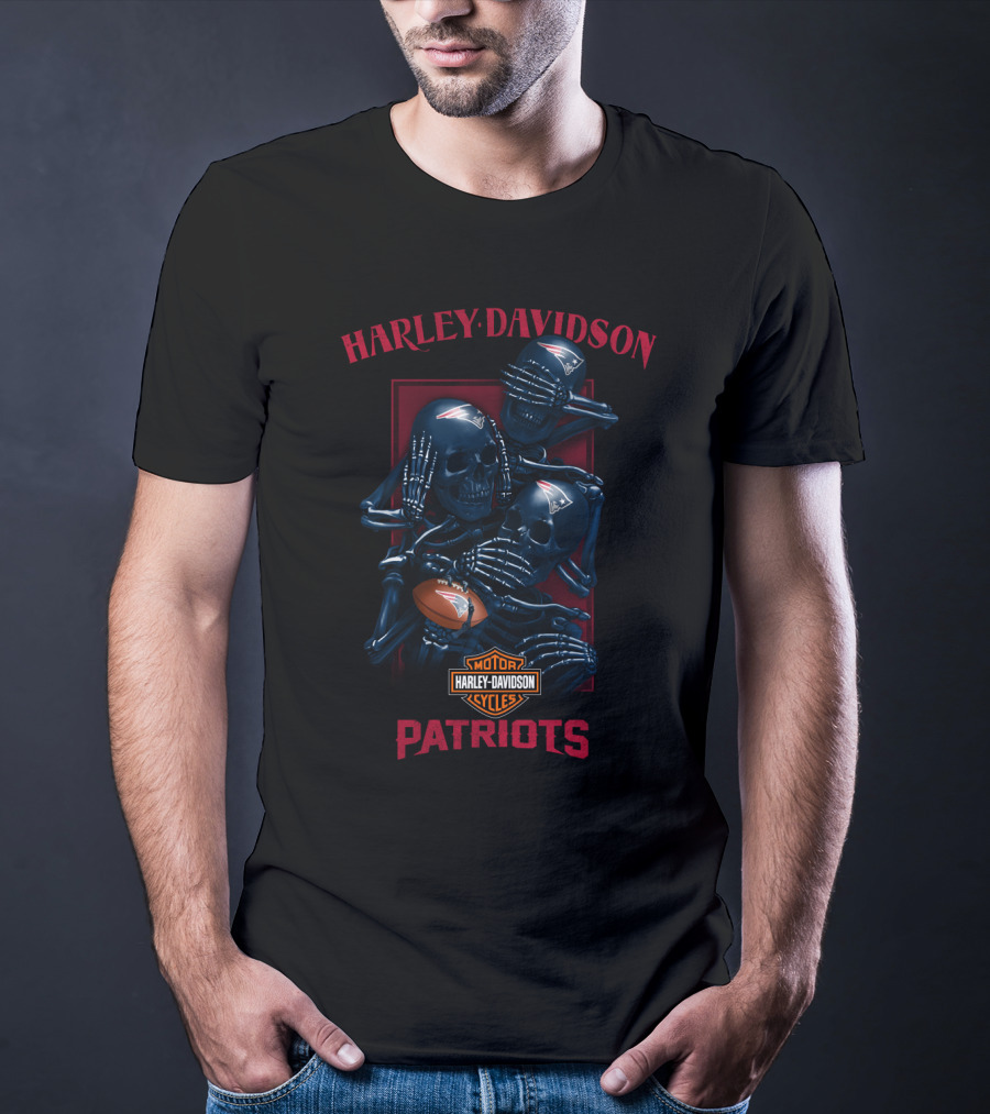 Harley Davidson Motor Cycles New England Patriots Skulls Nfl Football T-Shirt